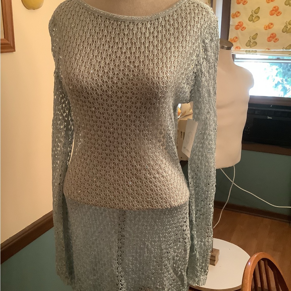 St John Evening by Mari Gray See Through Chain Mail Look Blue Metallic Dress 6
